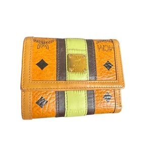 Authentic MCM Visetos Stripe Trifold Wallet | Cognac/Lime Green/Gold | like New